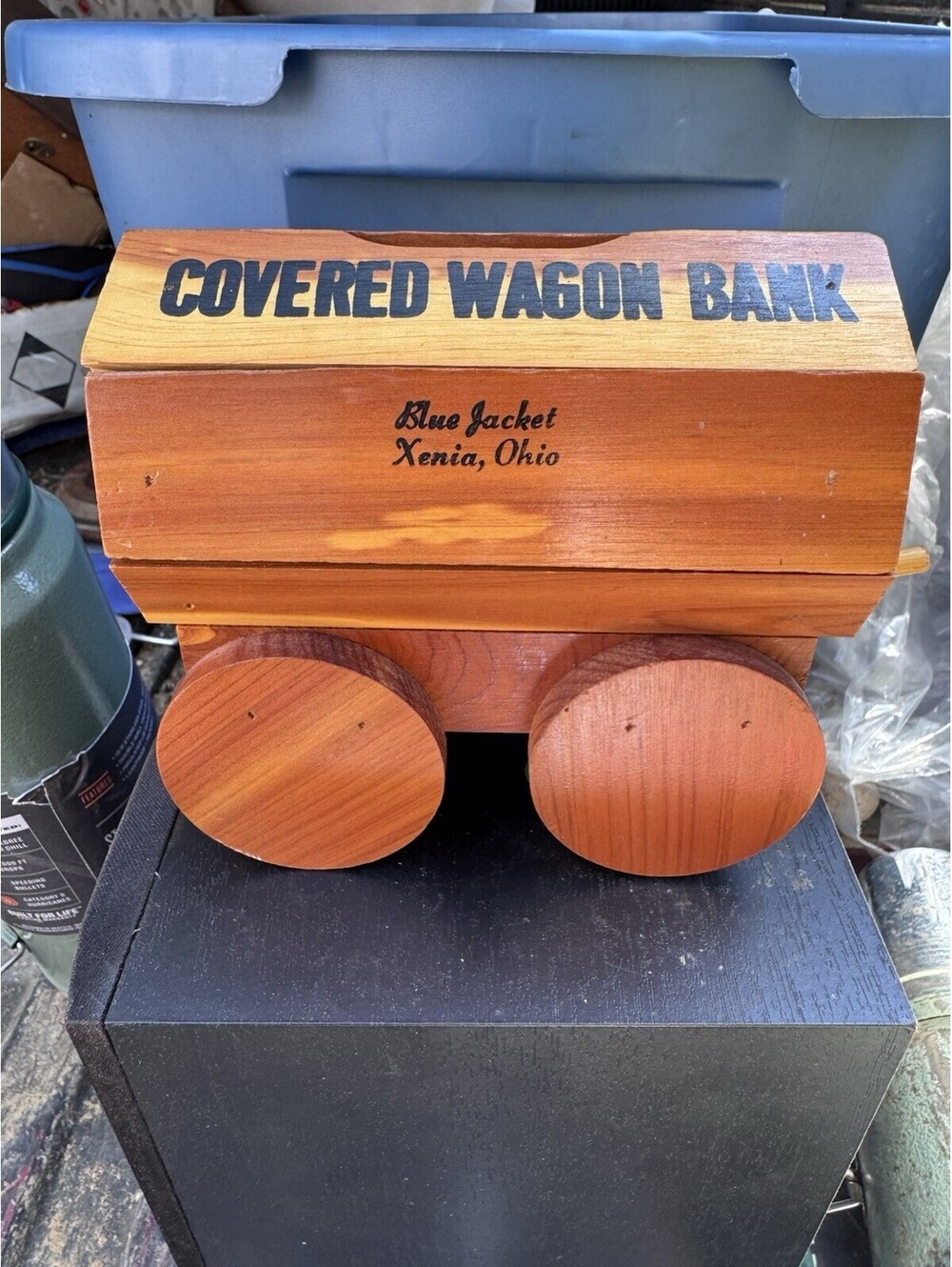Vintage Blue Jacket Xenia Ohio Covered Wagon Wood Bank Souvenir Outdoor Drama